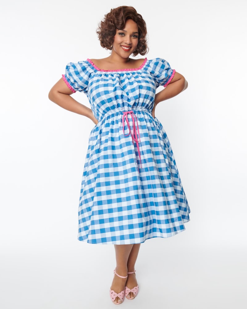 Front of a model wearing a size 3X Unique Vintage Curve Blue & White Gingham Picnic Swing Dress in Blue, White, Gingham by Unique Vintage. | dia_product_style_image_id:287032